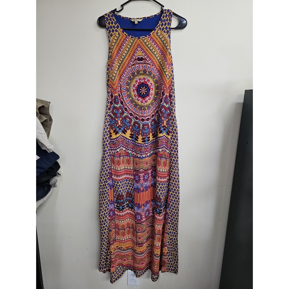 Global Desi Womens XS Mandala Maxi Dress Blue Gold Tribal Boho Sleeveless